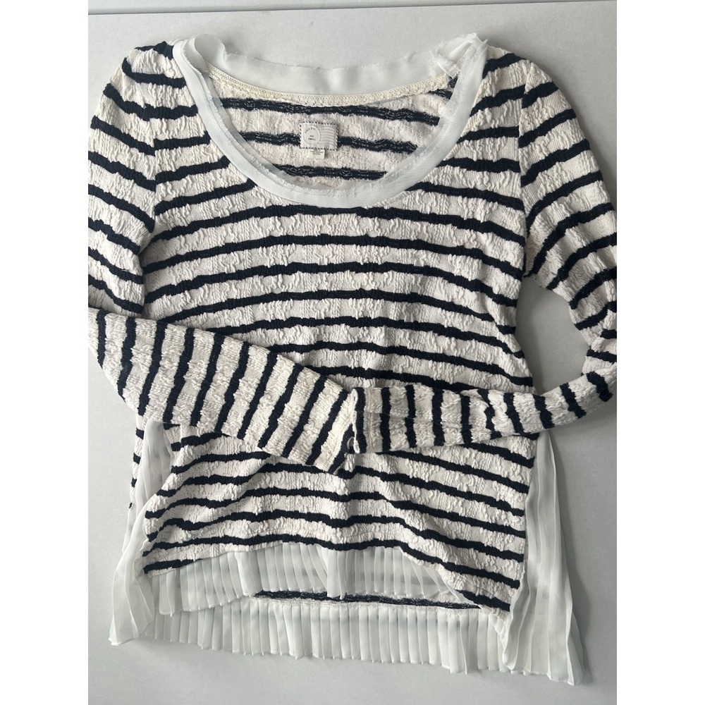 Y2K Anthropologie striped knit pleated scoop neck white navy long sleeve small